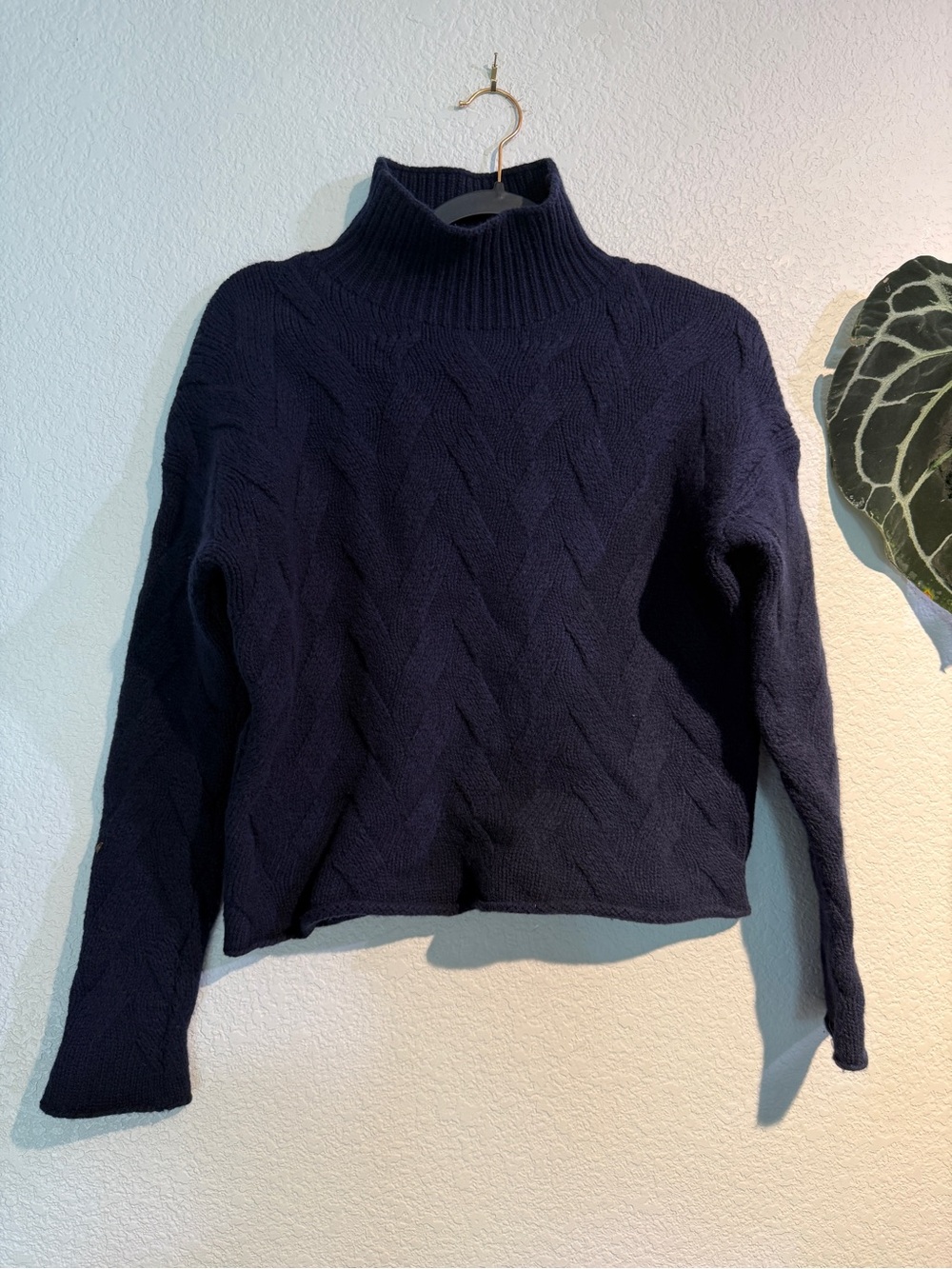 Lambswool Navy Diamond Cable-Knit Turtleneck Sweater